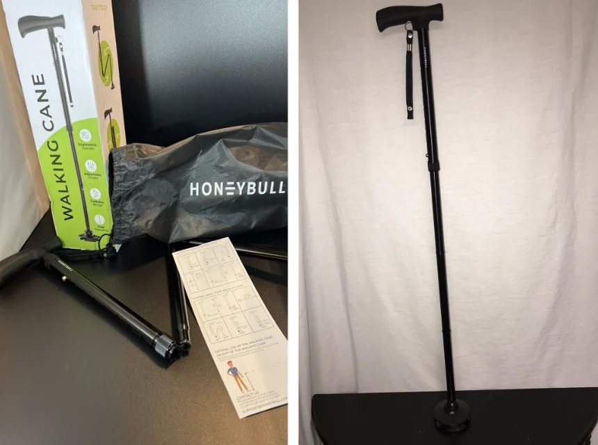 Elderly person choosing between a cane and a walking stick