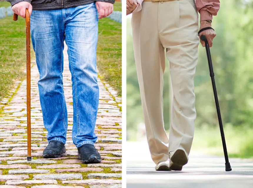 Seniors evaluating benefits of cane versus walking stick for support