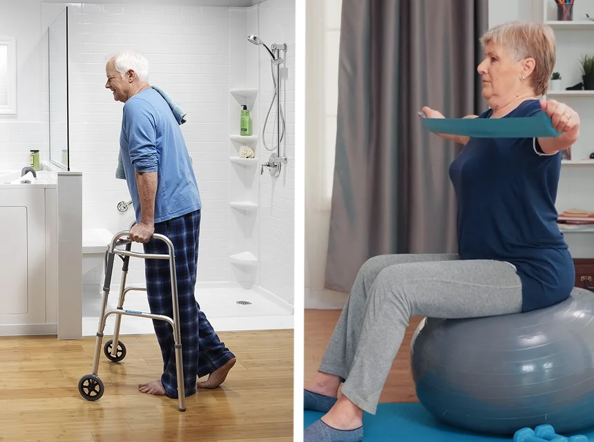 Elderly person engaged in home activity for all-day movement