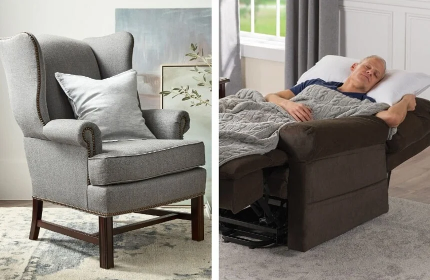 Elderly individual sleeping upright in a chair for better breathing.