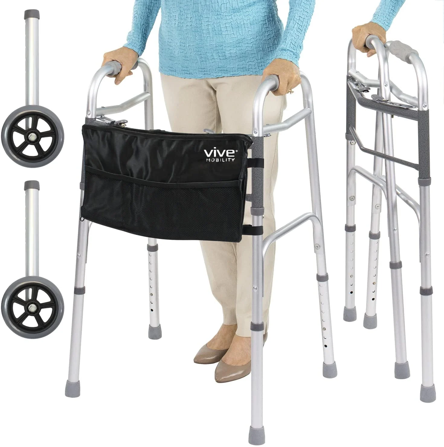 Vive Mobility folding walker providing support for elderly individuals