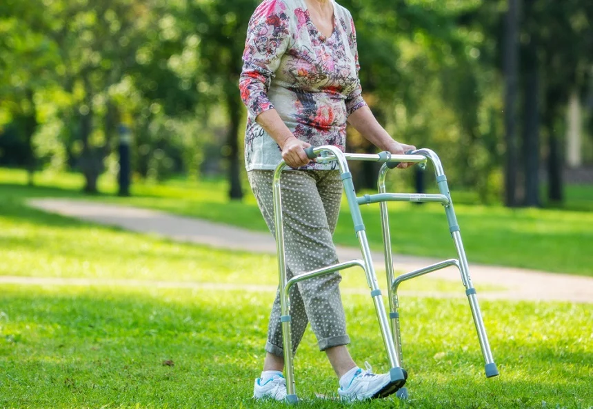 senior confidently using a walker