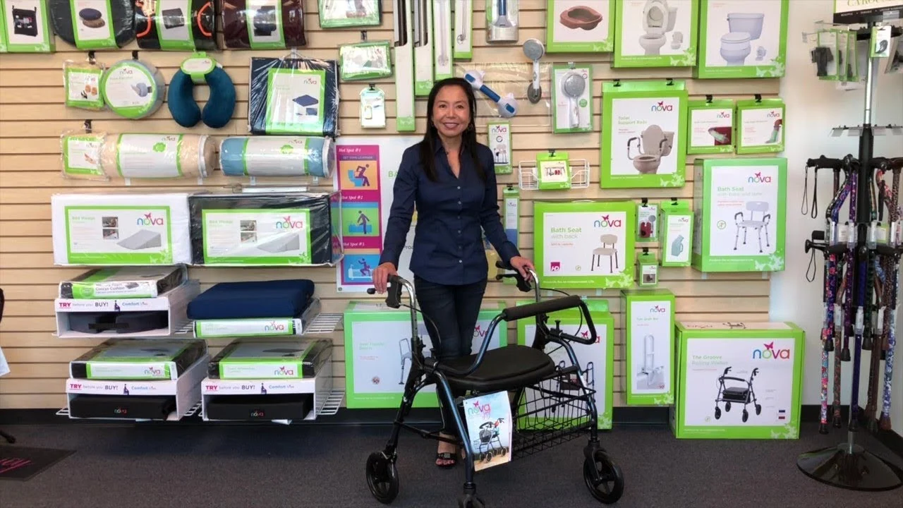 Senior lifting walker to demonstrate weight for transport