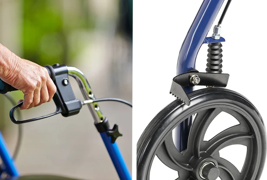 How hand brakes operate on a mobility walker for seniors