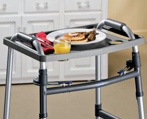 Walker tray attachment allowing seniors to carry items with ease