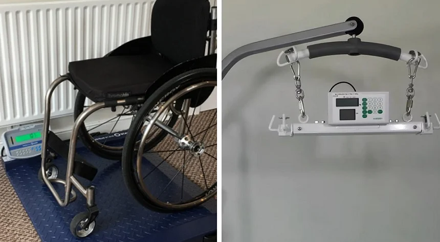 Specialized scale designed for weighing individuals in wheelchairs safely.