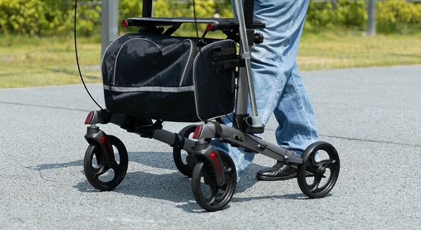 Durable wheels on upright walkers facilitating senior movement